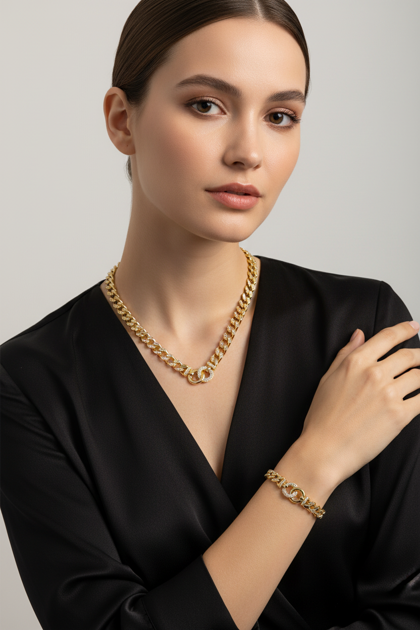 Gold Cuban Chain Diamond Link Necklace & Bracelet Set - Luxury Statement Jewelry