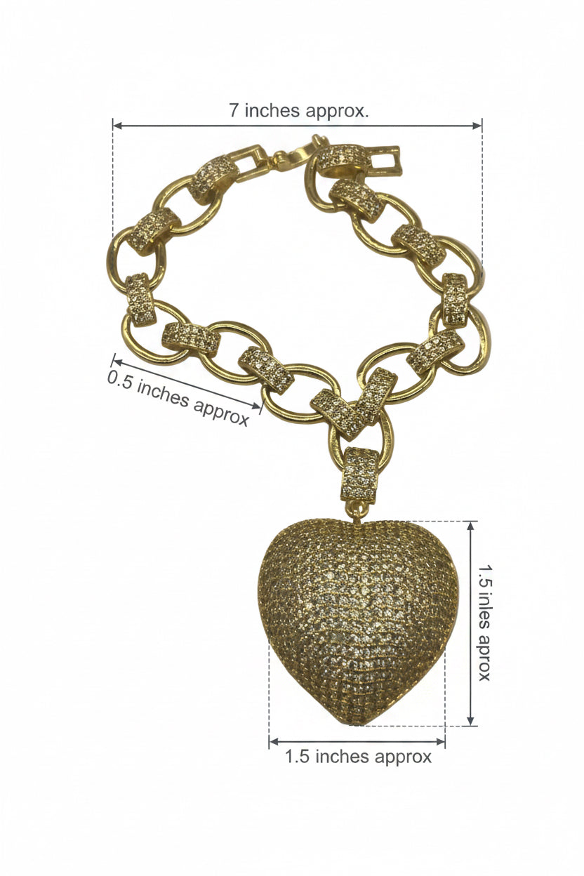 Gold chain bracelet with a heart-shaped pendant, shown with measurements on a white background.