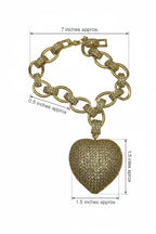 Gold chain bracelet with a heart-shaped pendant, shown with measurements on a white background.