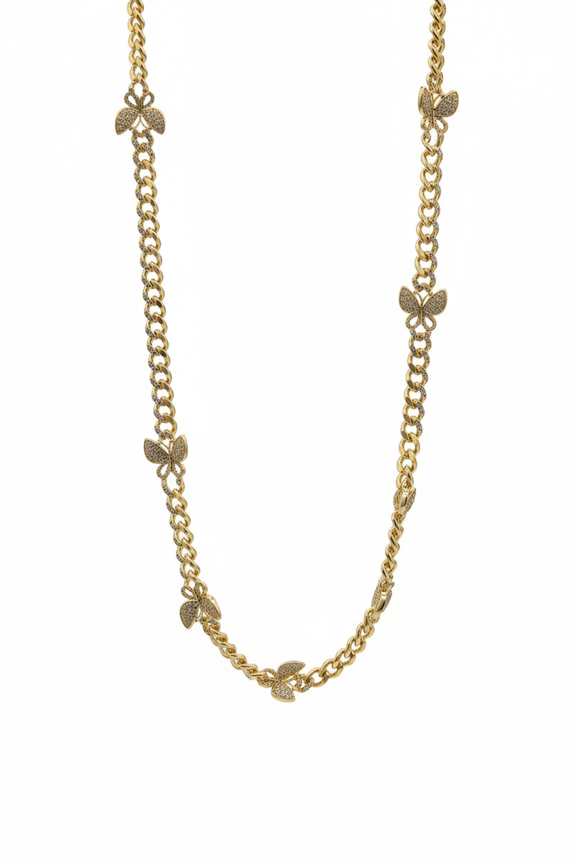 Gold Diamond Butterfly Cuban Chain Necklace & Bracelet Set - Pave Crystal Butterfly Jewelry