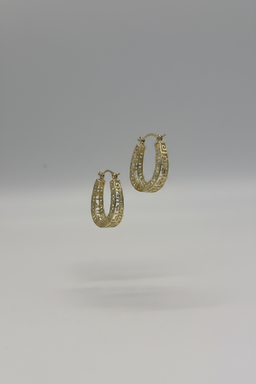 Gold Greek Key Pattern Hoop Earrings - Geometric Design Statement Hoops