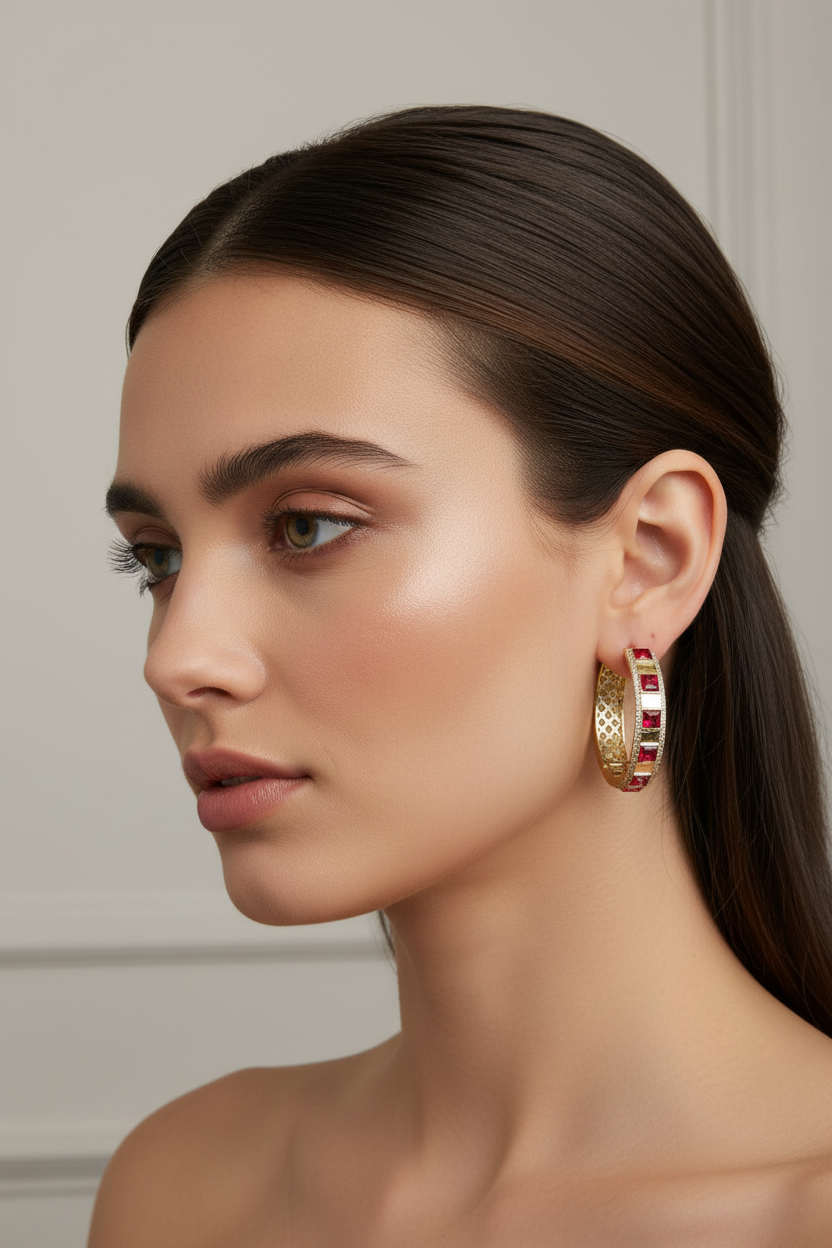 Gold Ruby & Diamond Hoop Earrings - Gemstone Statement Hoops