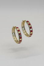 Gold Ruby & Diamond Hoop Earrings - Gemstone Statement Hoops