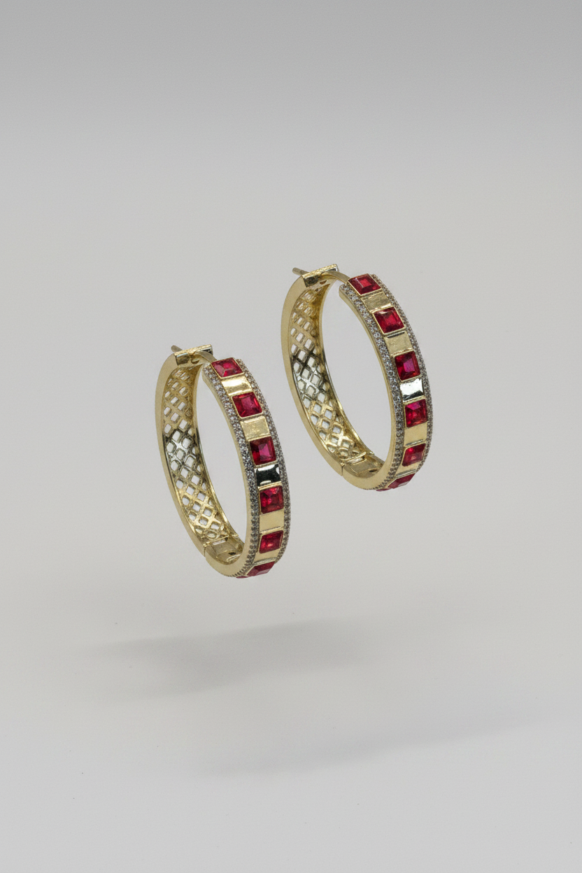 Gold Ruby & Diamond Hoop Earrings - Gemstone Statement Hoops