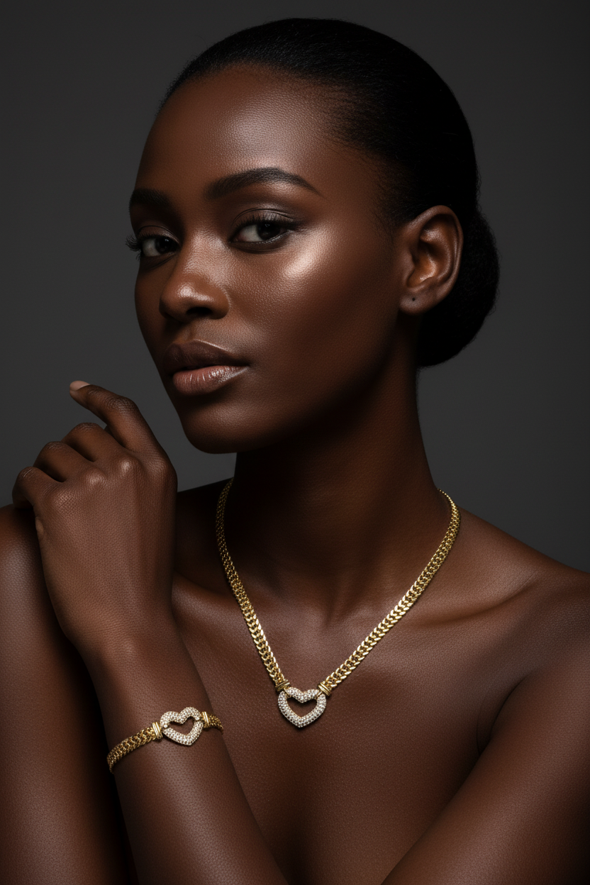 Woman wearing gold jewelry against a dark background