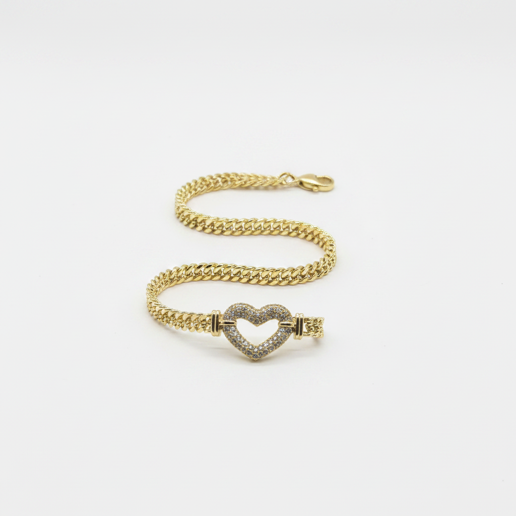 14K Gold Cuban Chain Heart Jewelry Set - Diamond Heart Necklace & Bracelet