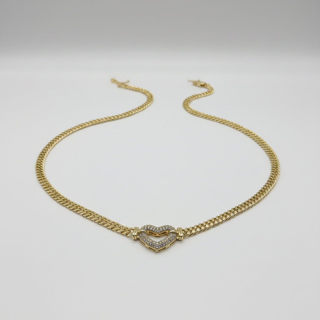 14K Gold Cuban Chain Heart Jewelry Set - Diamond Heart Necklace & Bracelet