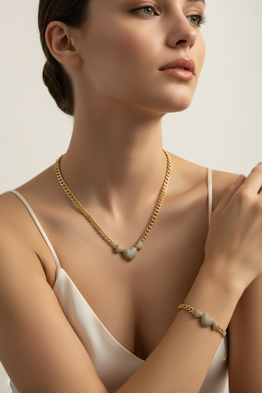 Woman wearing a gold necklace and bracelet against a neutral background