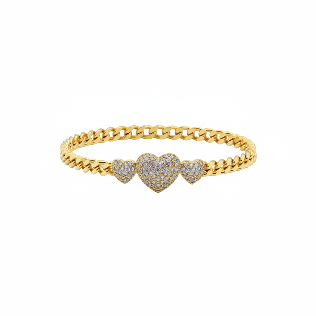 Gold bracelet with heart-shaped charms on a white background