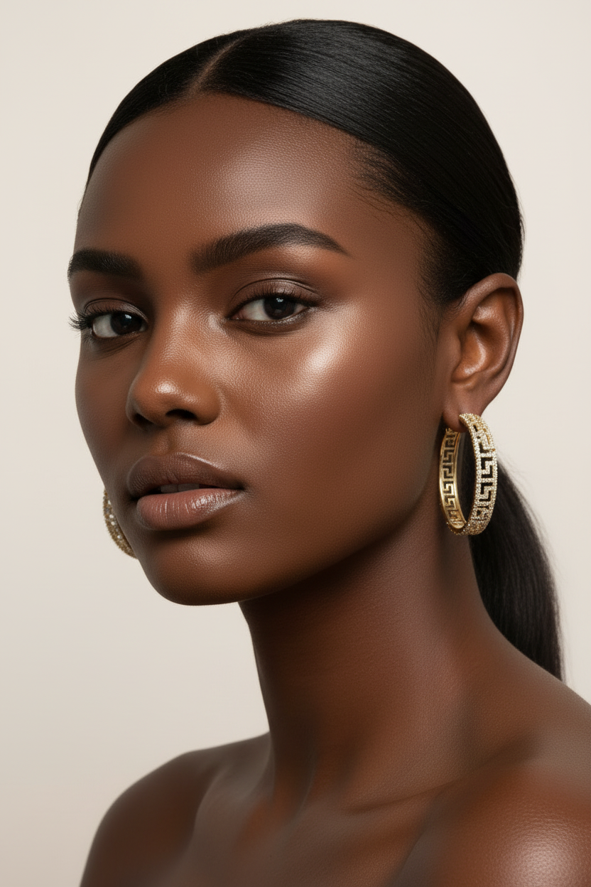 Woman wearing gold hoop earrings against a neutral background
