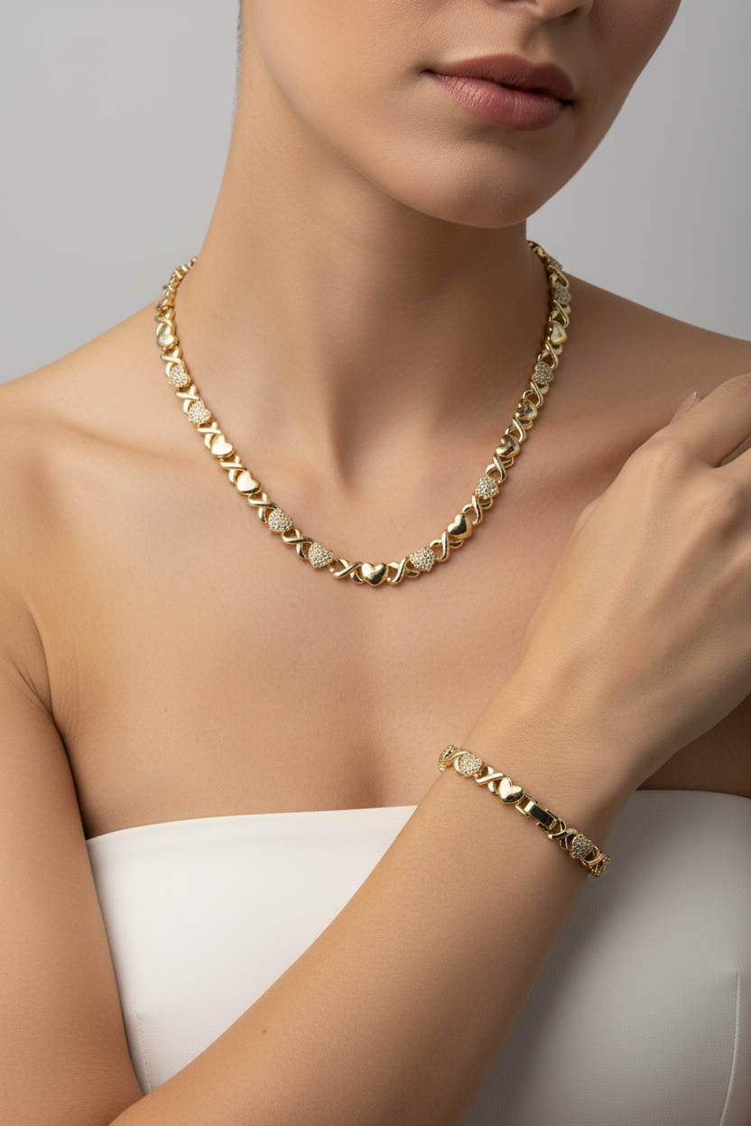 Gold necklace and bracelet on a person against a neutral background