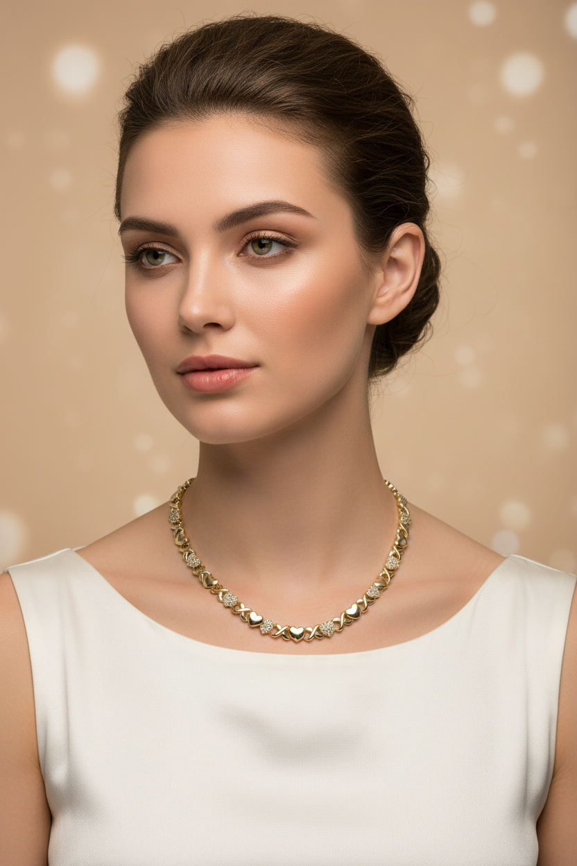 Gold XOXO Heart & Diamond Necklace & Bracelet Set - Romantic Statement Jewelry