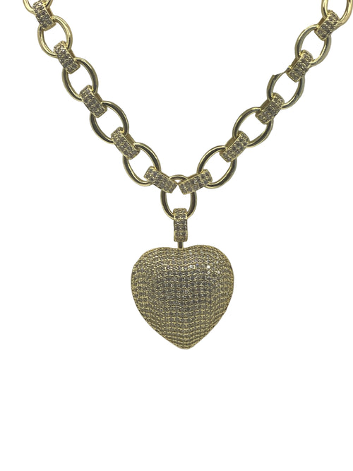 Gold chain necklace with a heart-shaped, diamond-studded pendant on a white background