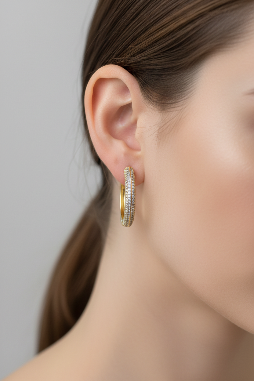 Gold Pave Diamond Chunky Hoop Earrings - Multi-Row Crystal Hoops for Women