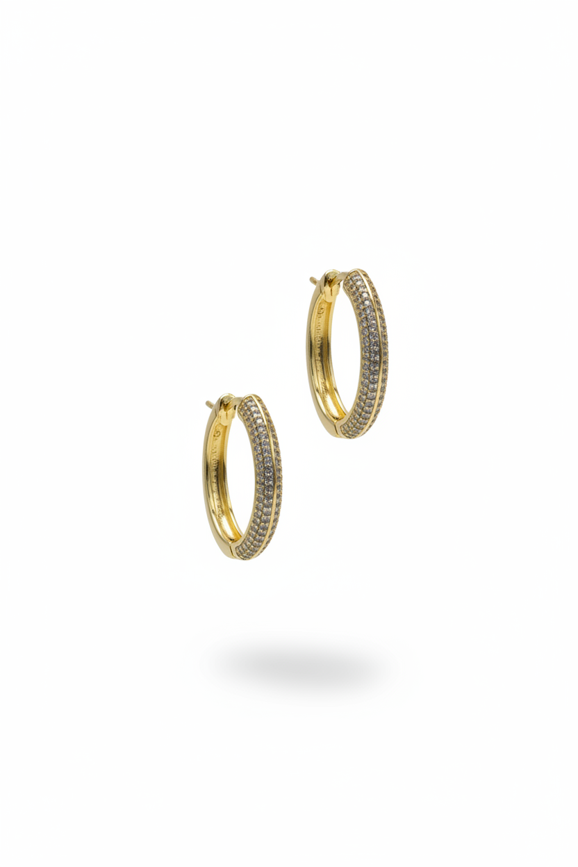 Gold Pave Diamond Chunky Hoop Earrings - Multi-Row Crystal Hoops for Women