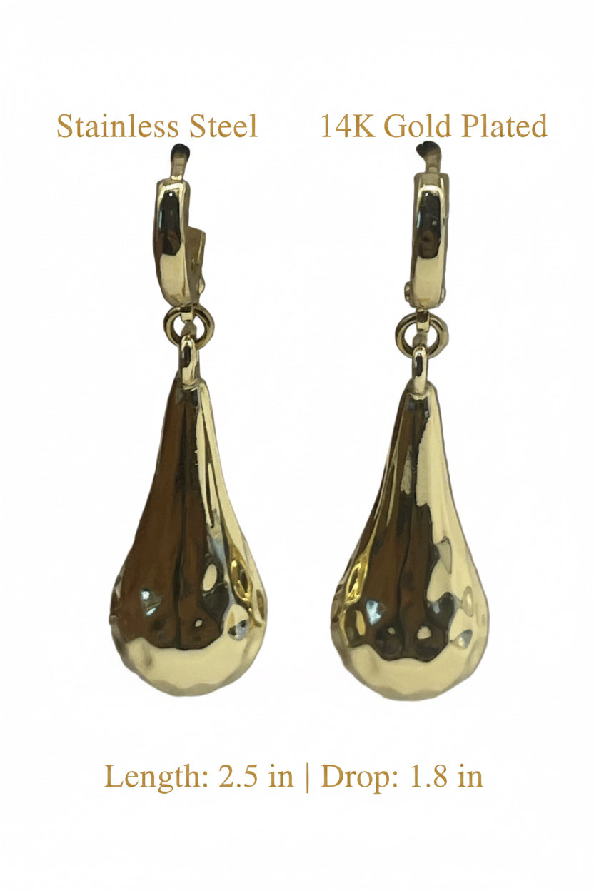 Gold teardrop earrings with 'Stainless Steel' and '14K Gold Plated' labels on a white background.