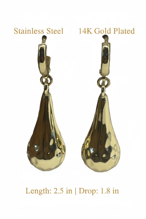 Gold teardrop earrings with 'Stainless Steel' and '14K Gold Plated' labels on a white background.
