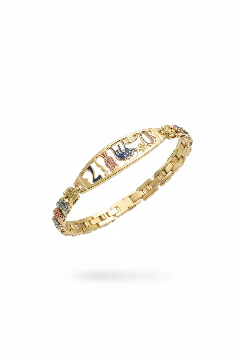 Gold bracelet with colorful gemstones on a white background