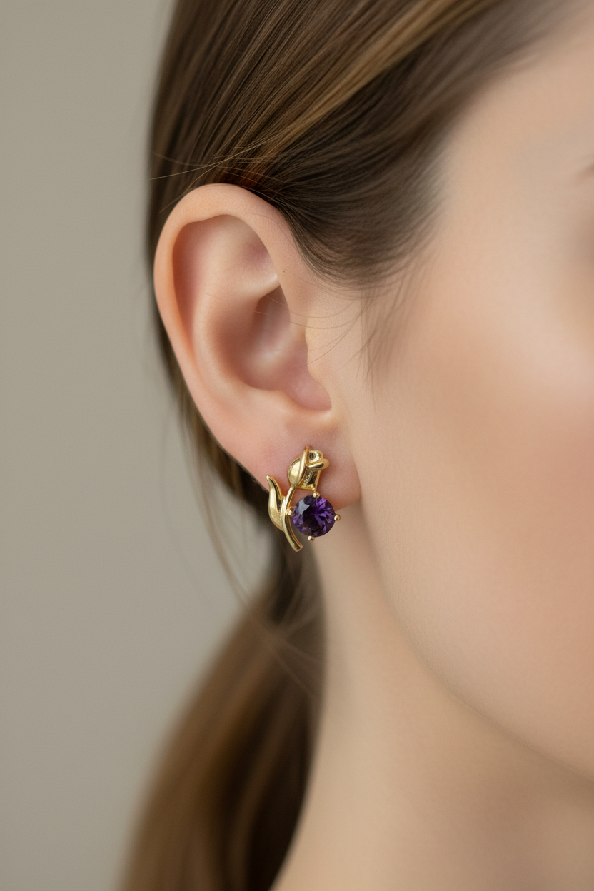 Gold Amethyst Tulip Stud Earrings - Purple Gemstone Floral Drop Earrings