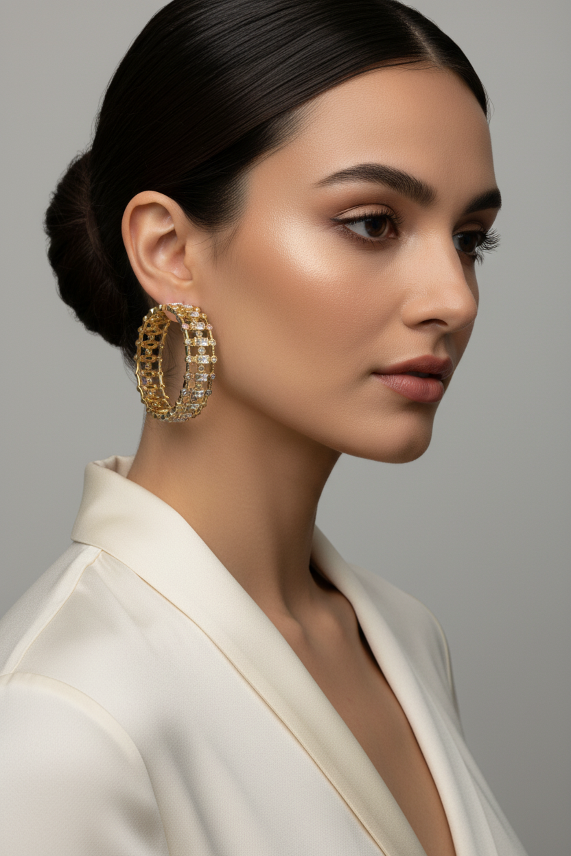 Gold & Diamond Double Row Hoop Earrings - Luxury Crystal Statement Hoops