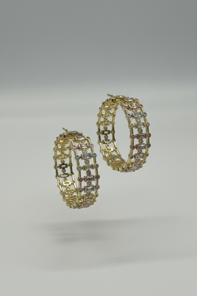 Gold & Diamond Double Row Hoop Earrings - Luxury Crystal Statement Hoops