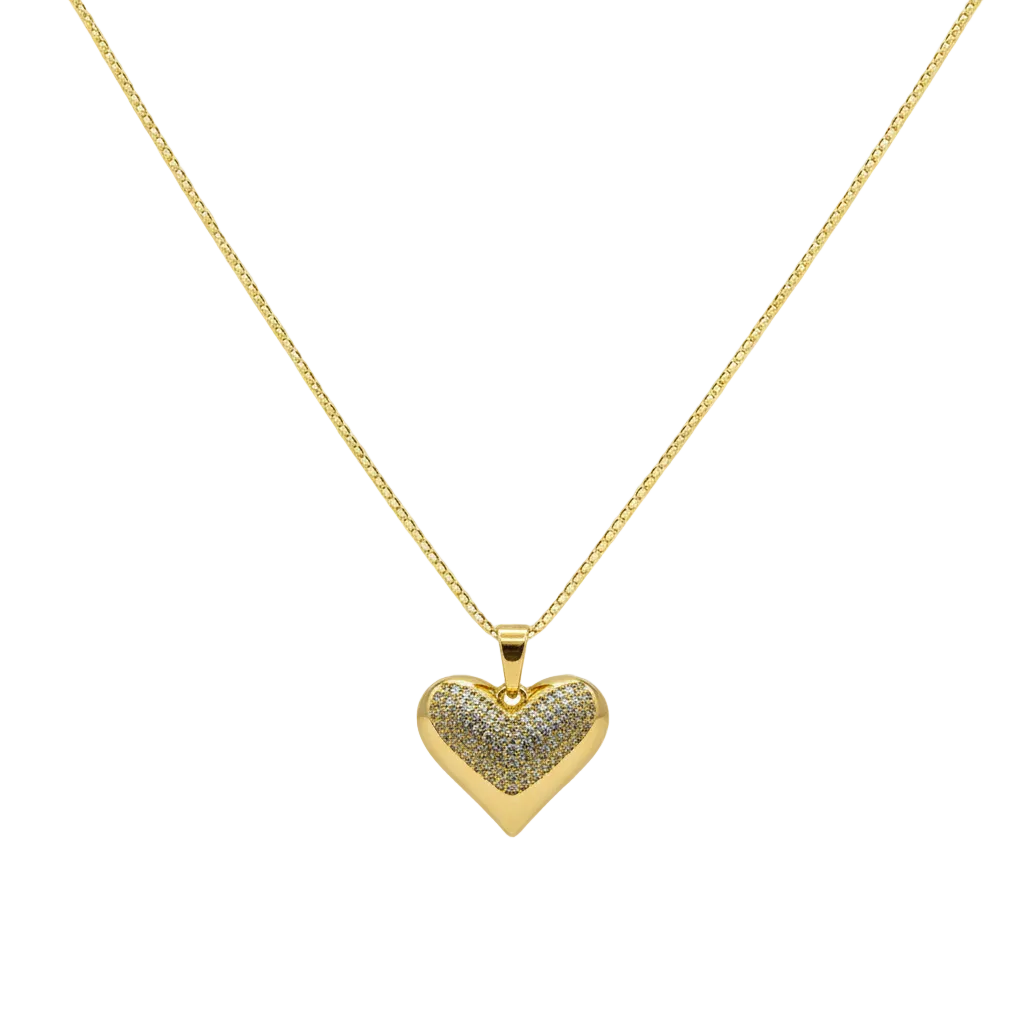 Gold heart-shaped pendant necklace on a white background