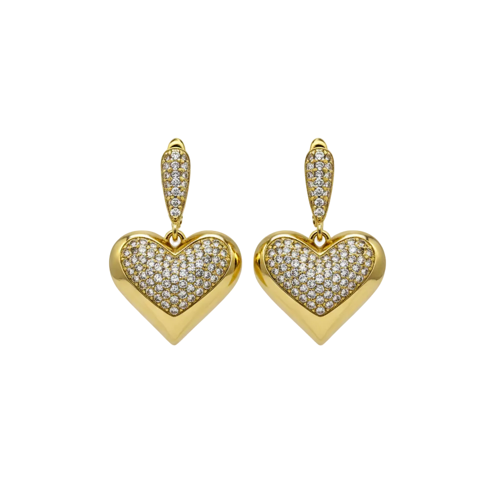Gold heart-shaped earrings with diamond-like stones on a white background
