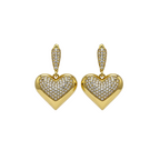 Gold heart-shaped earrings with diamond-like stones on a white background