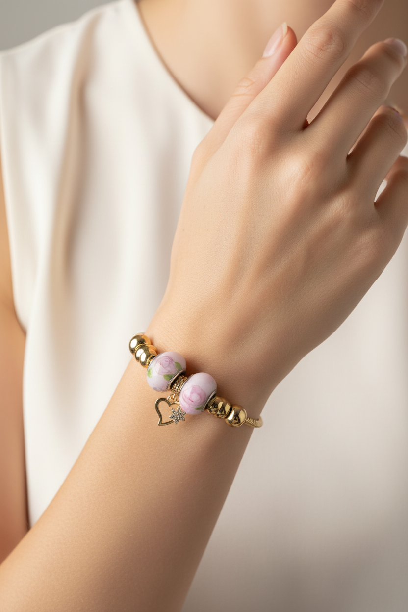 Hand wearing a gold bracelet with pink beads on a neutral background