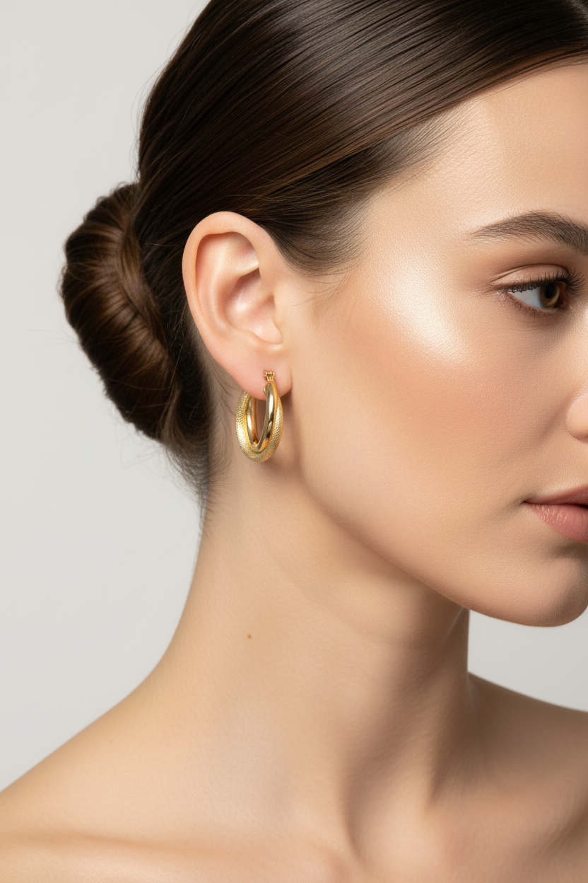 Gold Textured Chunky Hoop Earrings - Bold Diamond-Cut Tube Hoops for Women