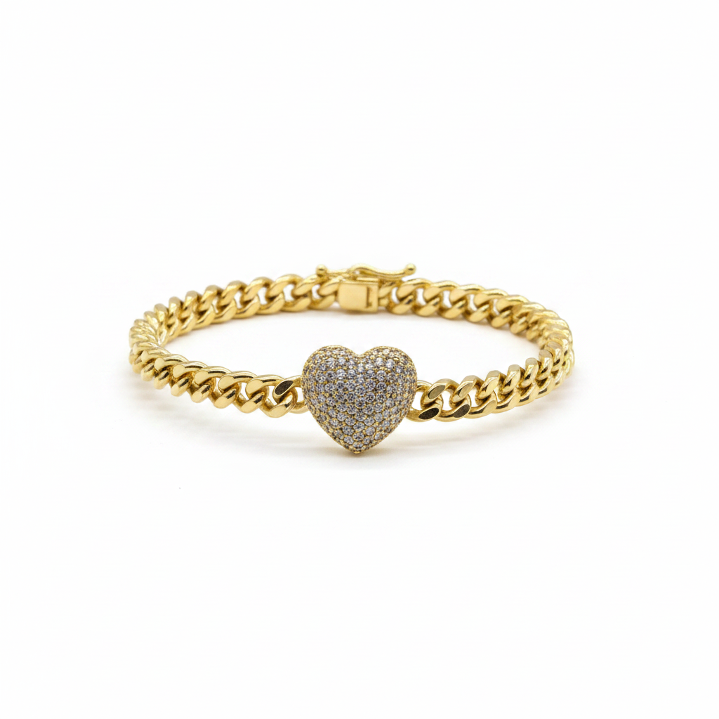 Gold Cuban Chain Diamond Heart Jewelry Set - Luxury Necklace & Bracelet