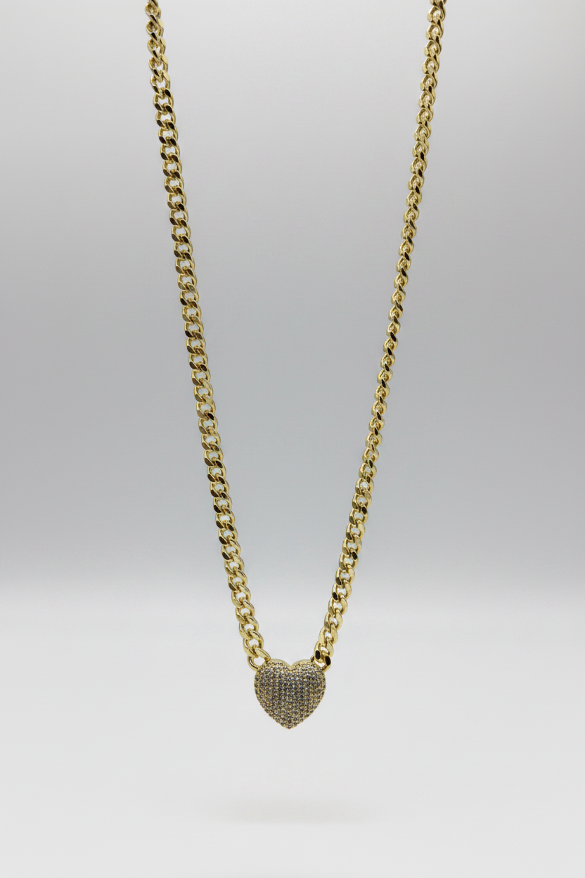 Gold Cuban Chain Diamond Heart Jewelry Set - Luxury Necklace & Bracelet