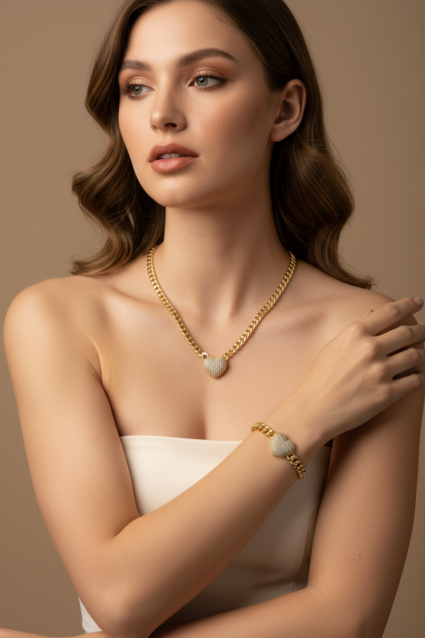 Gold Cuban Chain Diamond Heart Jewelry Set - Luxury Necklace & Bracelet