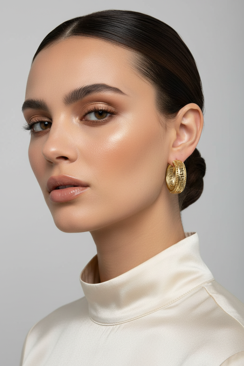 Gold Greek Key Chunky Hoop Earrings - Wide Band Geometric Statement Hoops