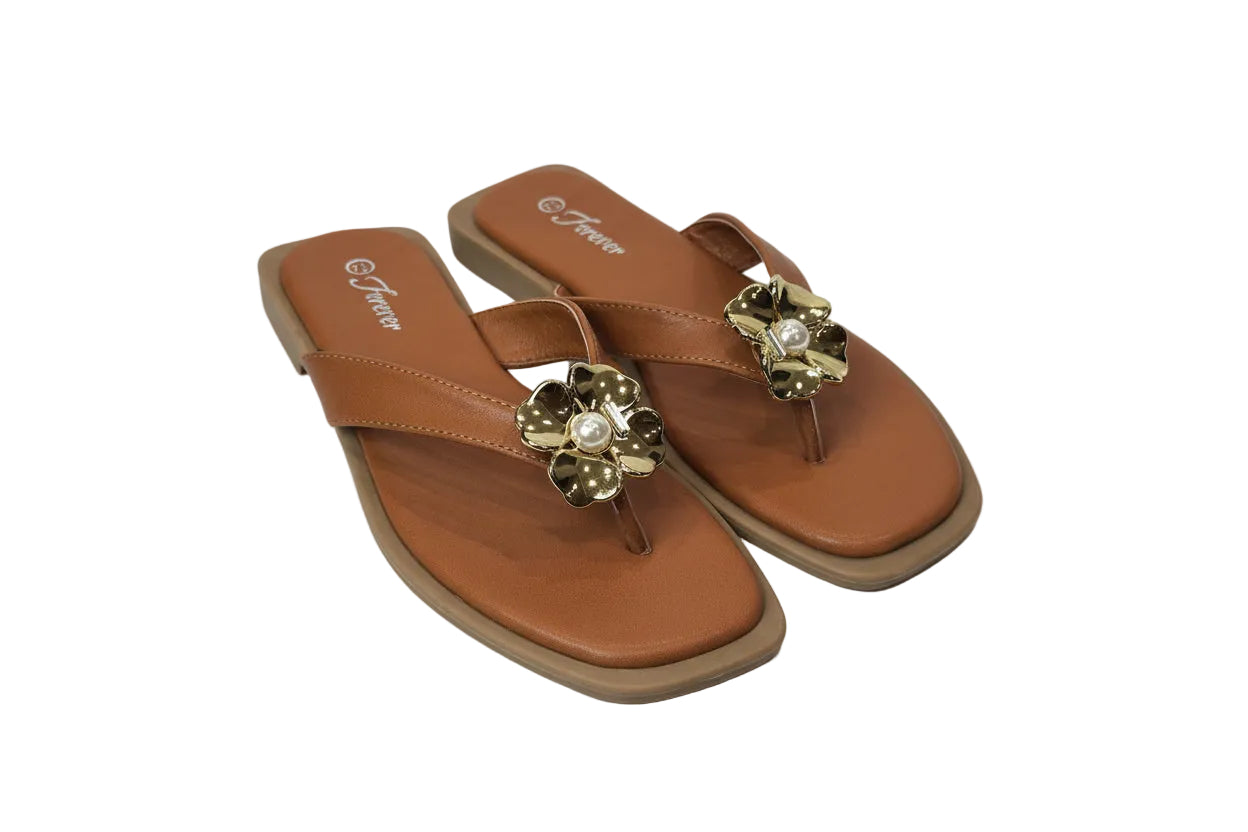 Golden Blossom Pearl Accent Slide Sandals – Chic Tan Slip-On Flats