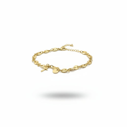 Gold bracelet with charms on a white background