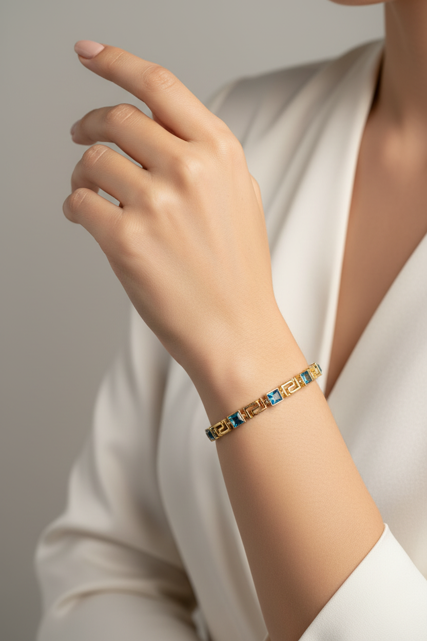 Gold Link Bracelet with Blue Crystal Accents