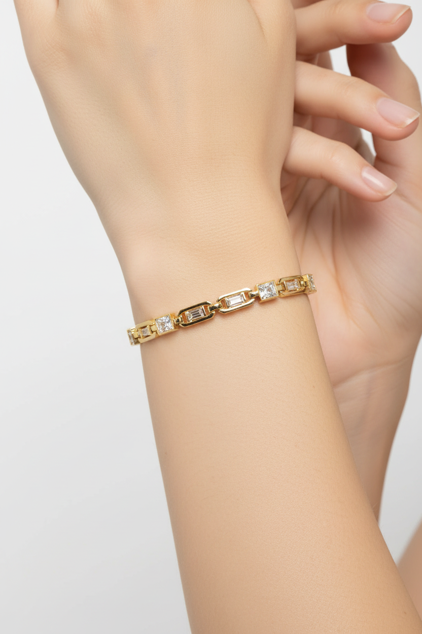 Gold Rectangular Link Bracelet with Pavé Crystal Accents